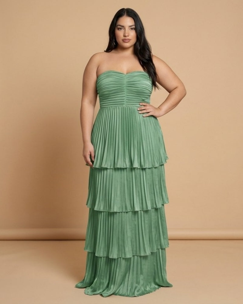 Chantarae Luxury Satin Strapless A-Line Plus Size Bridesmaid Dress with Ruffle -N0377