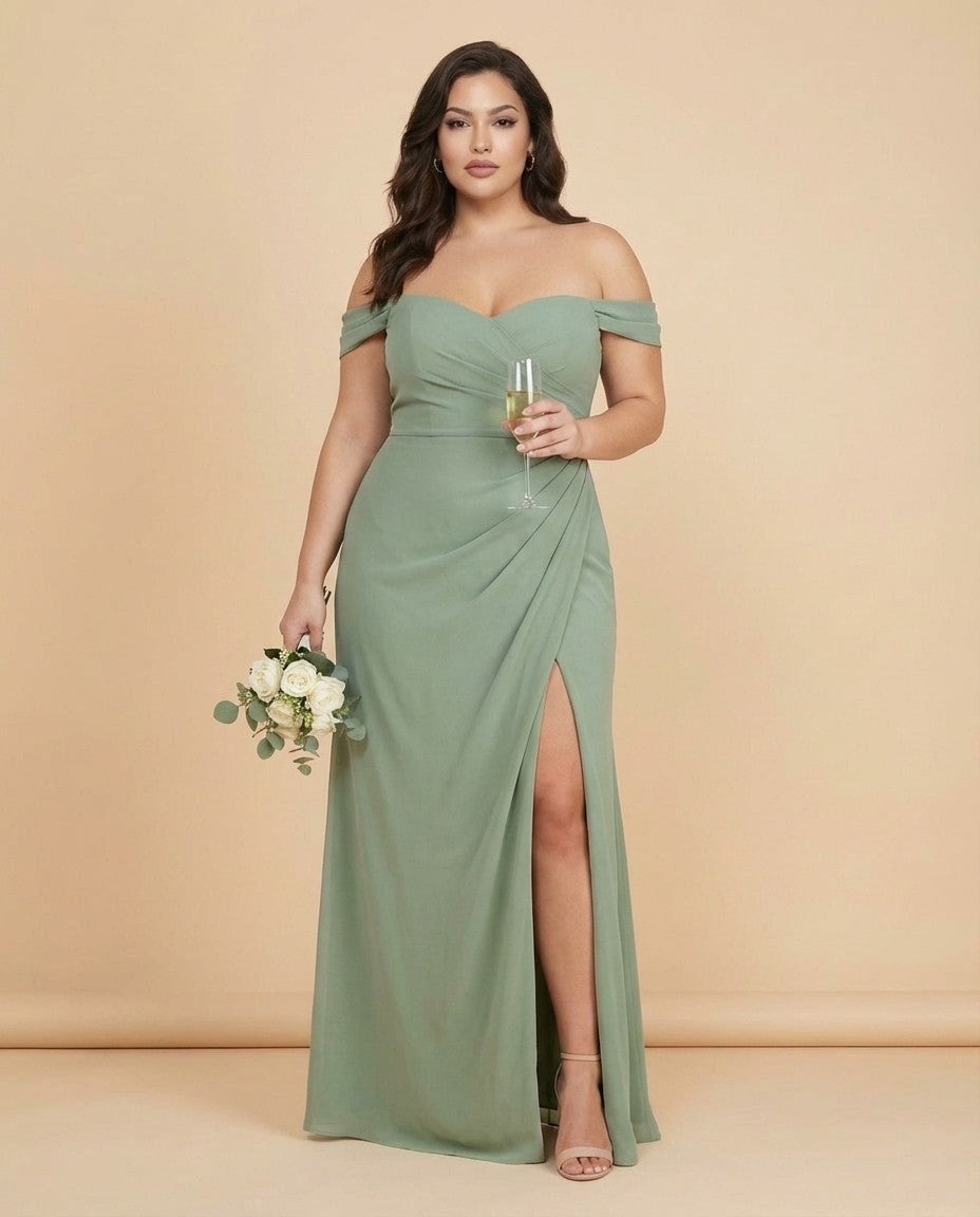 Elanthia Convertible Off-the-Shoulder Mesh Plus Size Bridesmaid Dress for Weddings - N0344