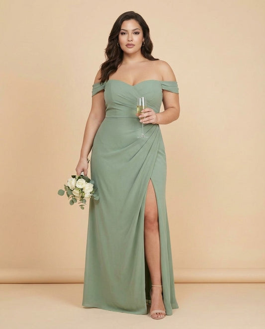 Elanthia Convertible Off-the-Shoulder Mesh Plus Size Bridesmaid Dress for Weddings - N0344