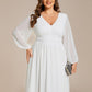 Plus Size Flowy Long Sleeves V-Neck Midi Chiffon Wedding Guest Dress