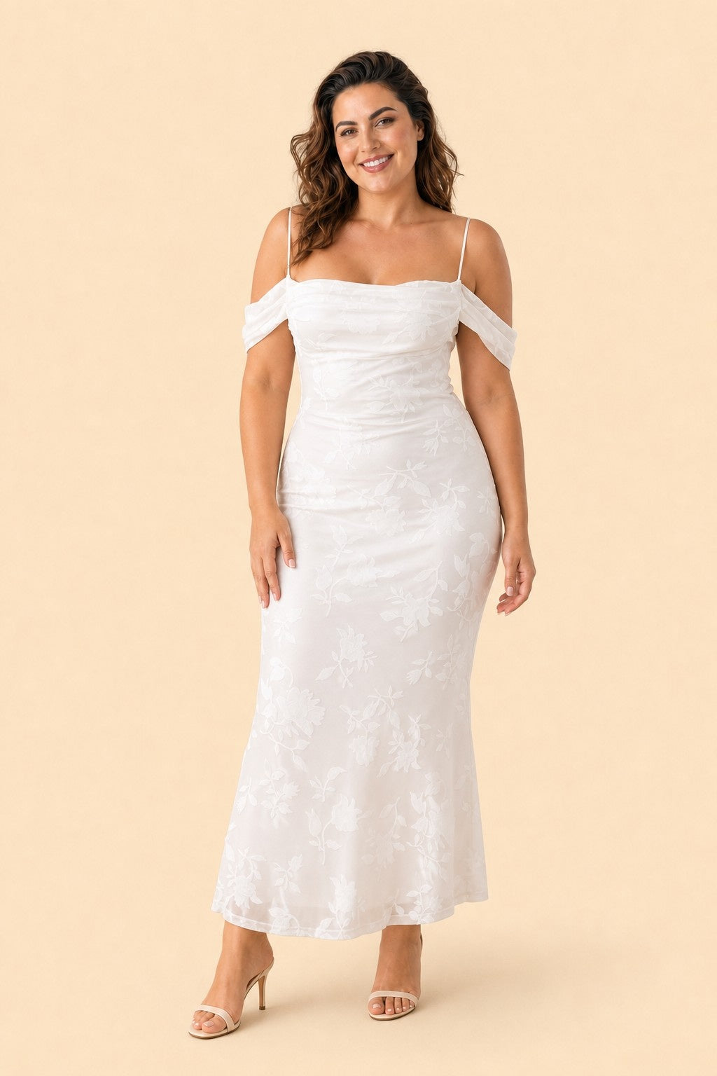 Plus Size Off Shoulder Burnout Floral Bridesmaid Dress with Lace-Up Back