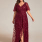 Plus Size Short Sleeves Sequin High Low V-Neck Midi Formal Evening Dress