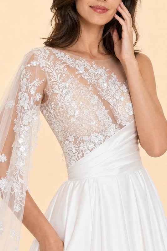 Plus Size A-Line Wedding Dress with Asymmetric Sleeve Lace Panels Open Back and Pockets