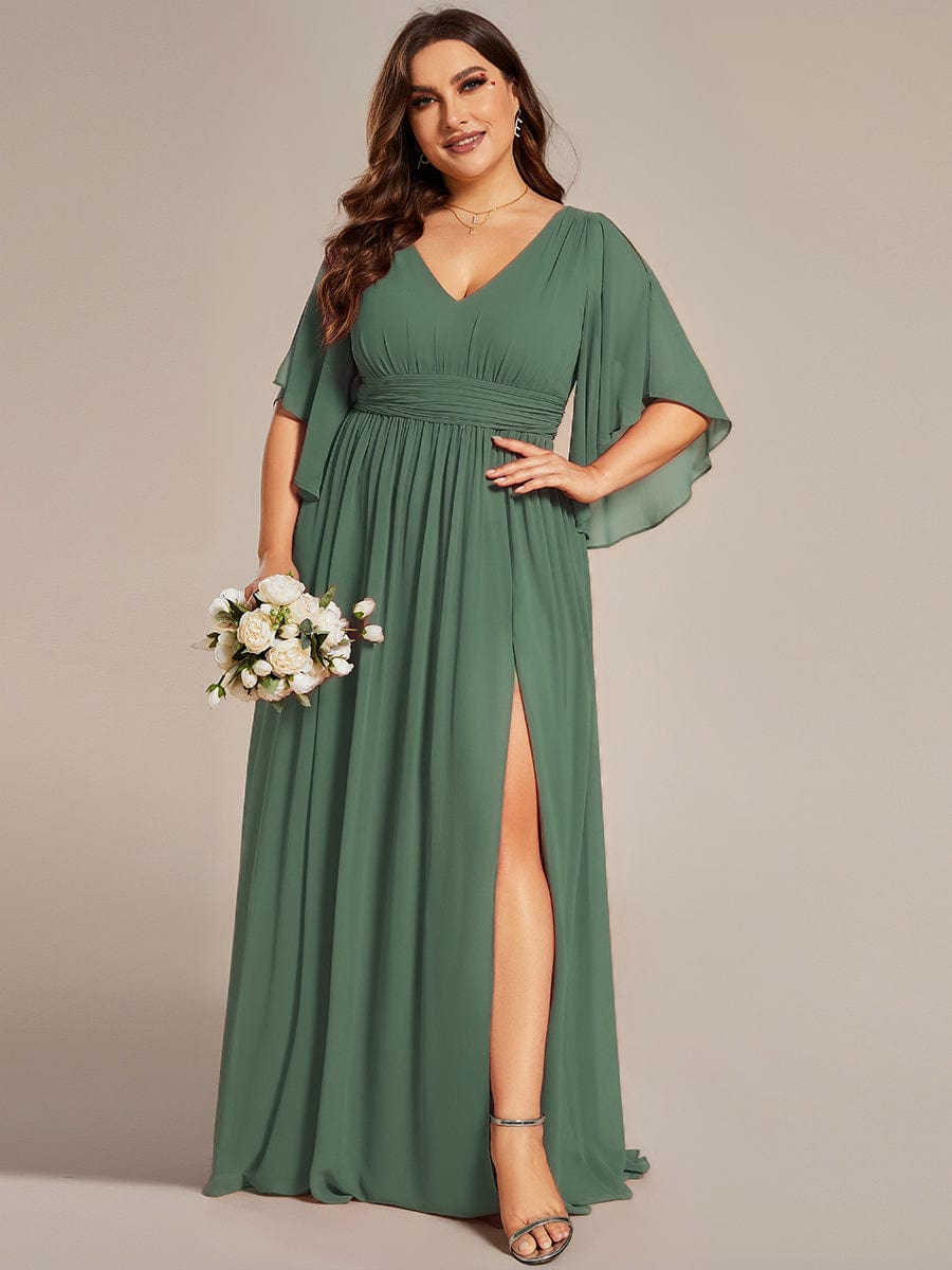 Plus Size Half Sleeve Pleated A-Line V-Neck Chiffon Bridesmaid Dress