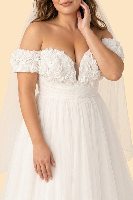 Elegant Plus Size Off-Shoulder Wedding Dress with 3D Floral Appliques and Flowing Tulle Skirt