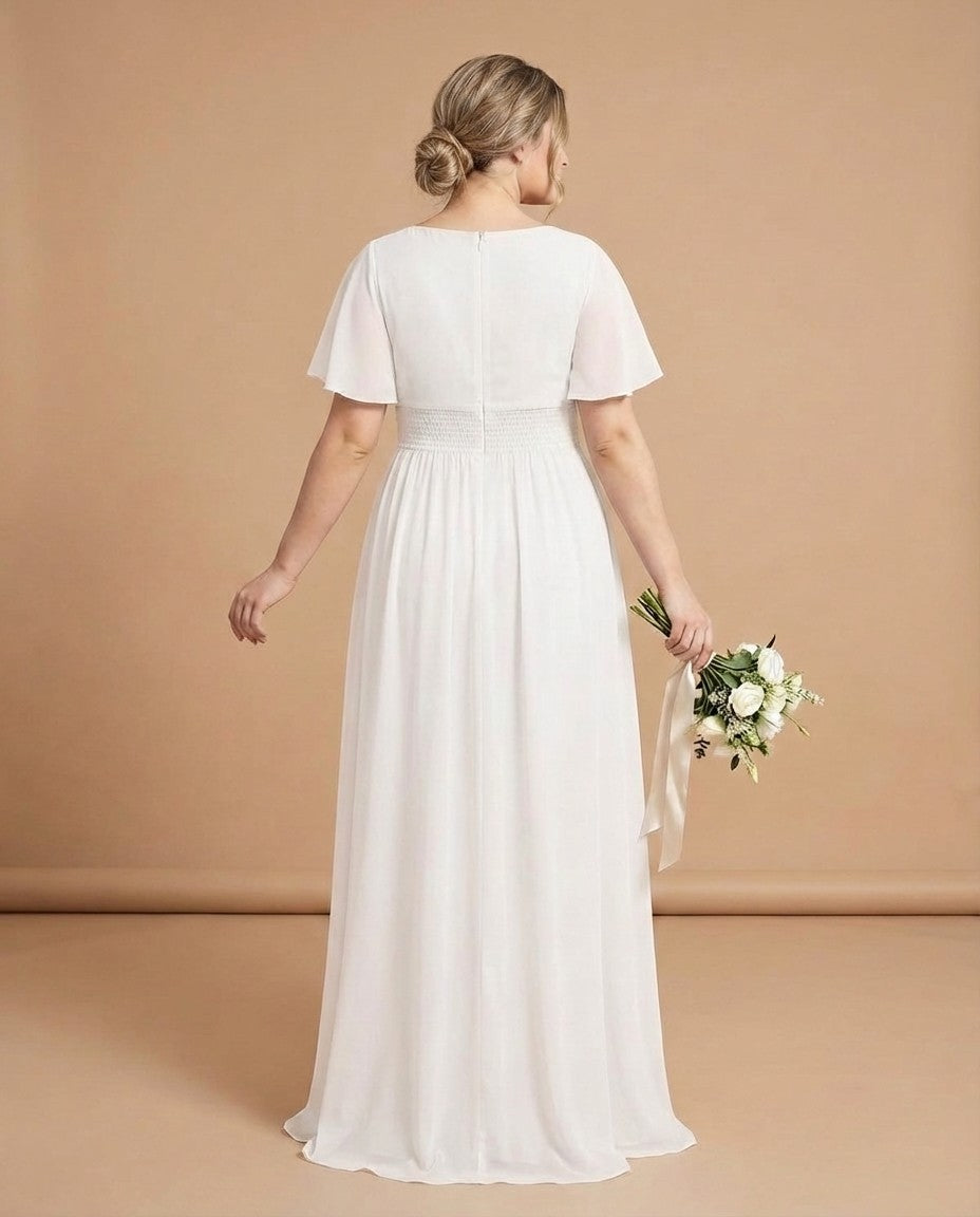 Petaline Plus Size Chiffon A-Line Bridesmaid Gown with Short Flutter Sleeves N0326
