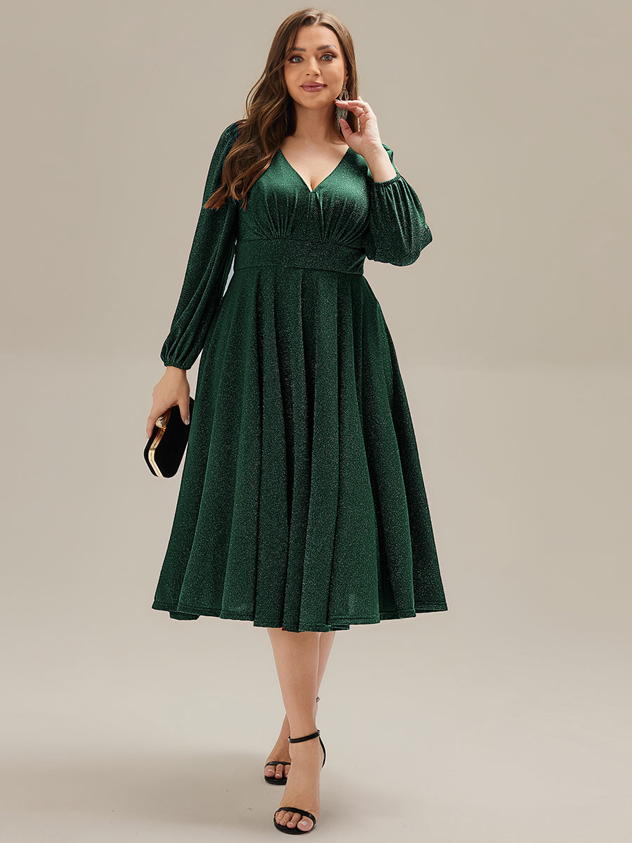Plus Size Glitter long Sleeve Midi Dress With Pocket