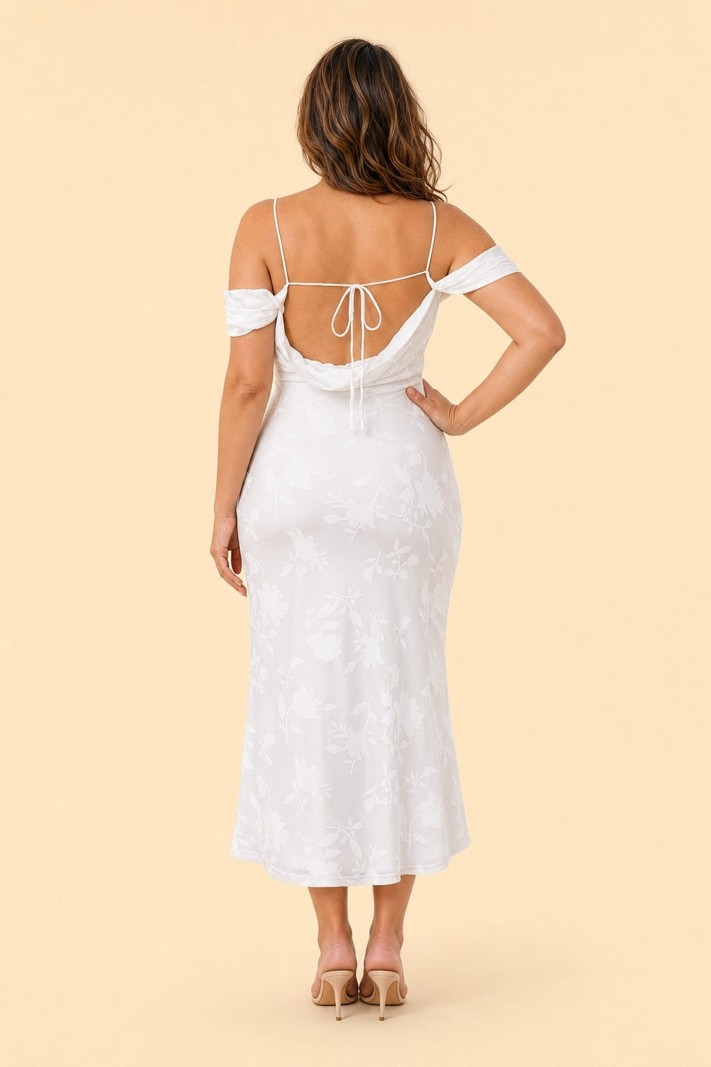 Plus Size Off Shoulder Burnout Floral Bridesmaid Dress with Lace-Up Back
