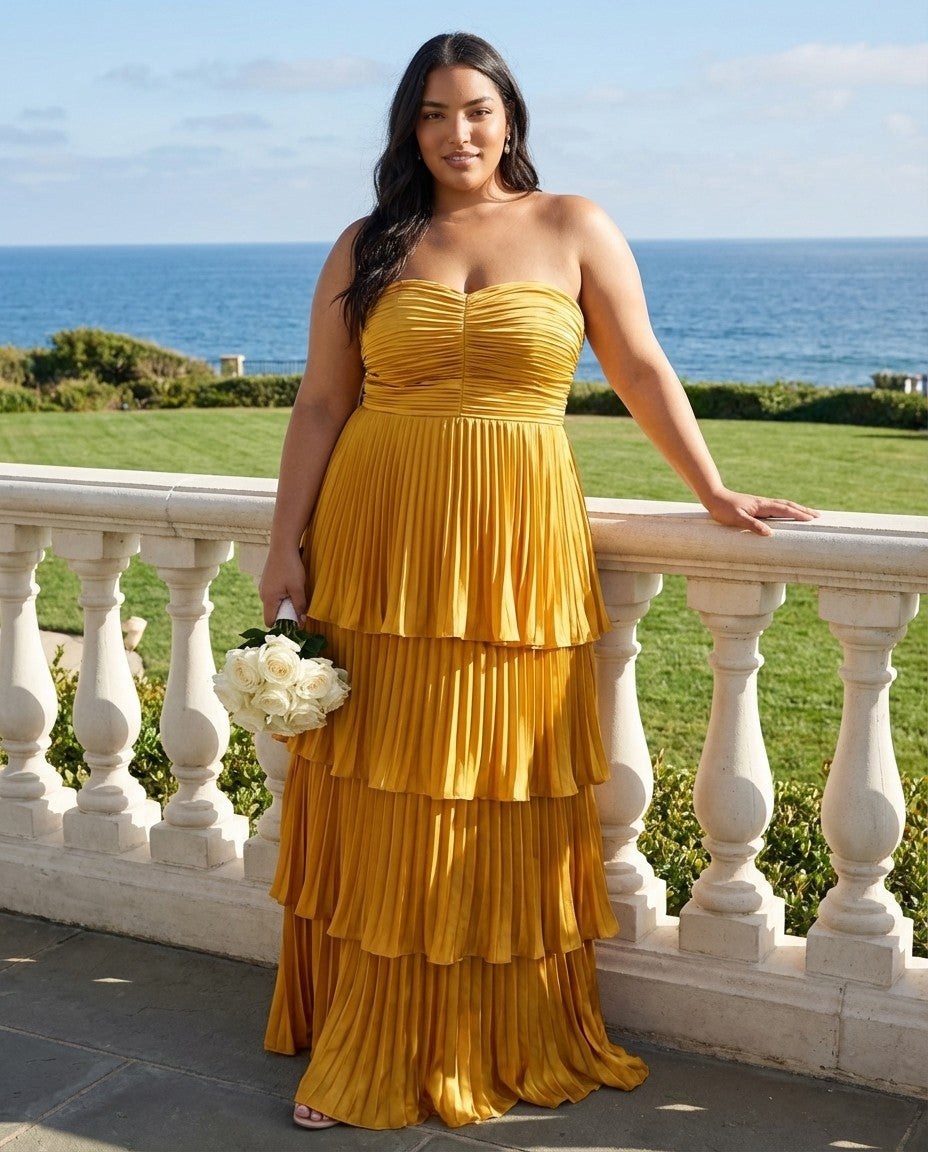 Chantarae Plus Size A Line Satin Strapless Evening Gown for Curvy Bridesmaid Wedding Prom Formal Partyn -N0385