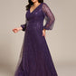 Plus Size V-Neck Lantern Long Sleeve Sequin A-Line Evening Dress
