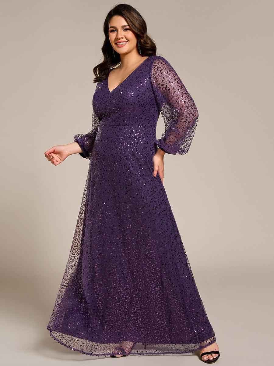 Plus Size V-Neck Lantern Long Sleeve Sequin A-Line Evening Dress