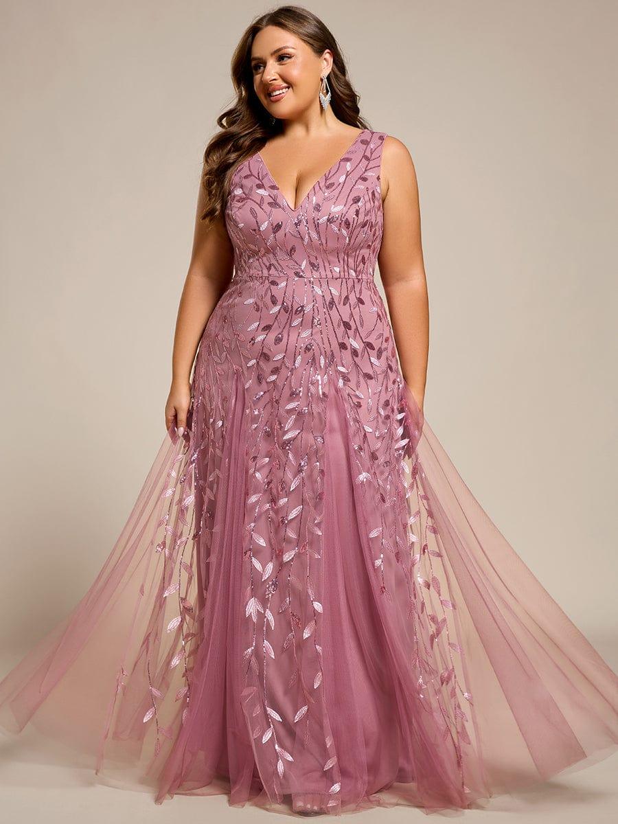 Plus Size Sparkling Sleeveless Leaf Sequin A-Line Formal Evening Dress
