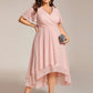 Plus Size Chiffon Short Sleeves Pleated V-Neck A-Line Midi Wedding Guest Dress