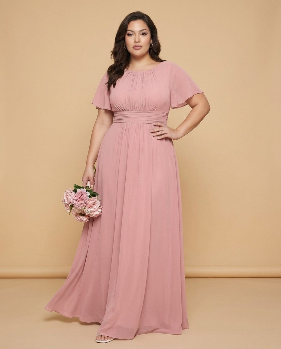 Petaline Plus Size Short Sleeve Chiffon Bridesmaid Dress N0322