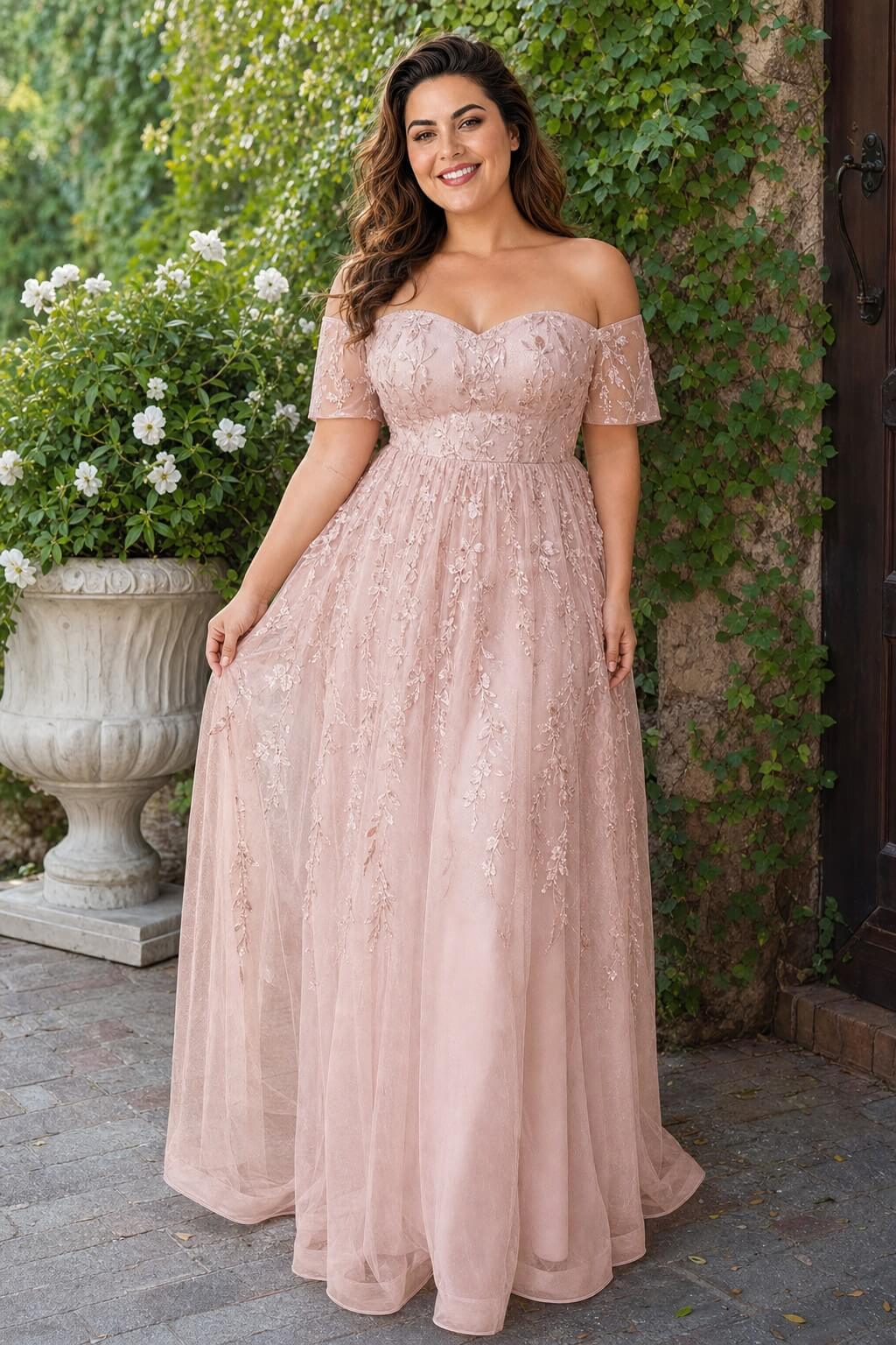Plus Size A-Line Bride or Bridesmaid Dress with Floral Embroidered Tulle