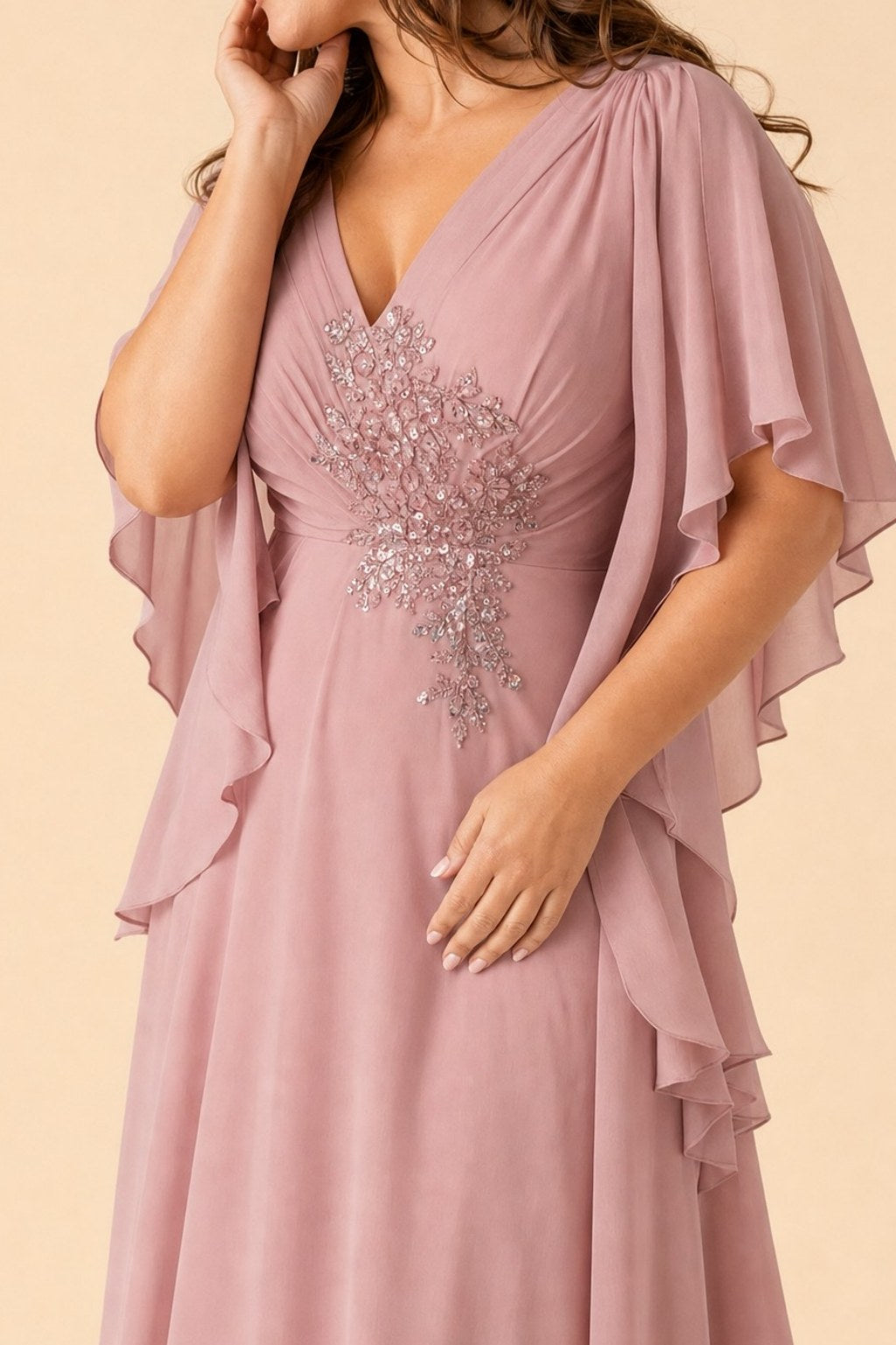 Plus Size Chiffon Bridesmaid Dress with Embroidered Batwing Sleeves