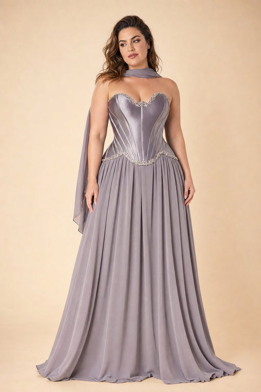 Scarvelle Plus Size Satin Prom Dress with Basque Waist and Pearl Corset
