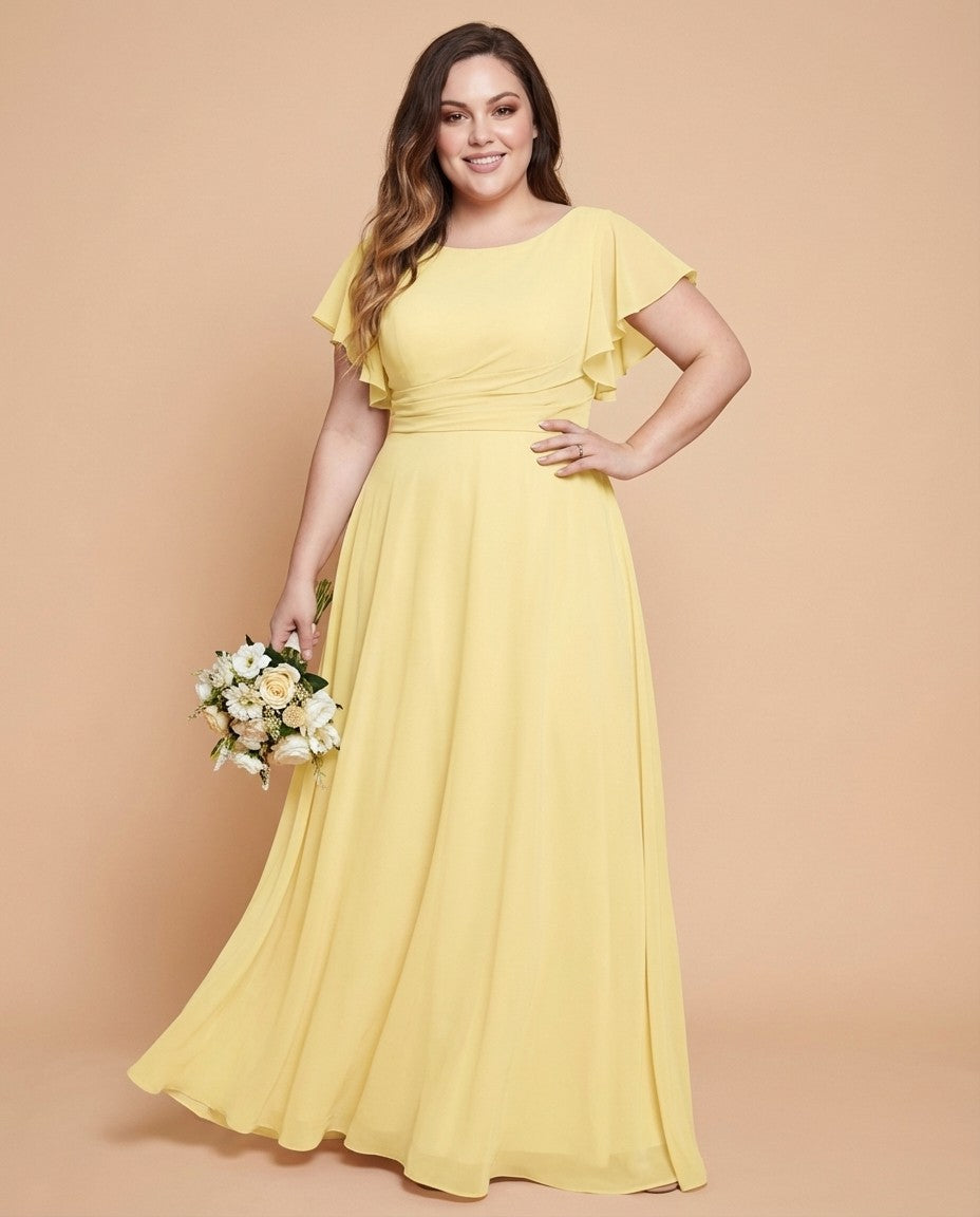 Avenleigh Graceful Modest Half Sleeve Pleated Plus Size Chiffon A-Line Bridesmaid Dress - N0342