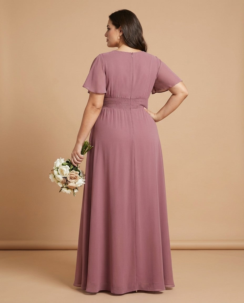 Petaline Plus Size Short Sleeve Chiffon Bridesmaid Dress N0322