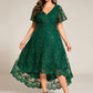 Plus Size Short Sleeves Embroidered Mesh A-Line V-Neck Midi Wedding Guest Dress