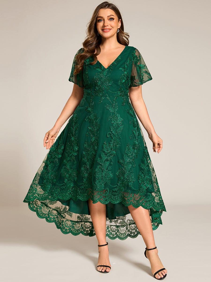 Plus Size Short Sleeves Embroidered Mesh A-Line V-Neck Midi Wedding Guest Dress