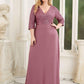 Plus Size V Neck A-Line Sequin Formal Evening Dress with Sleeve