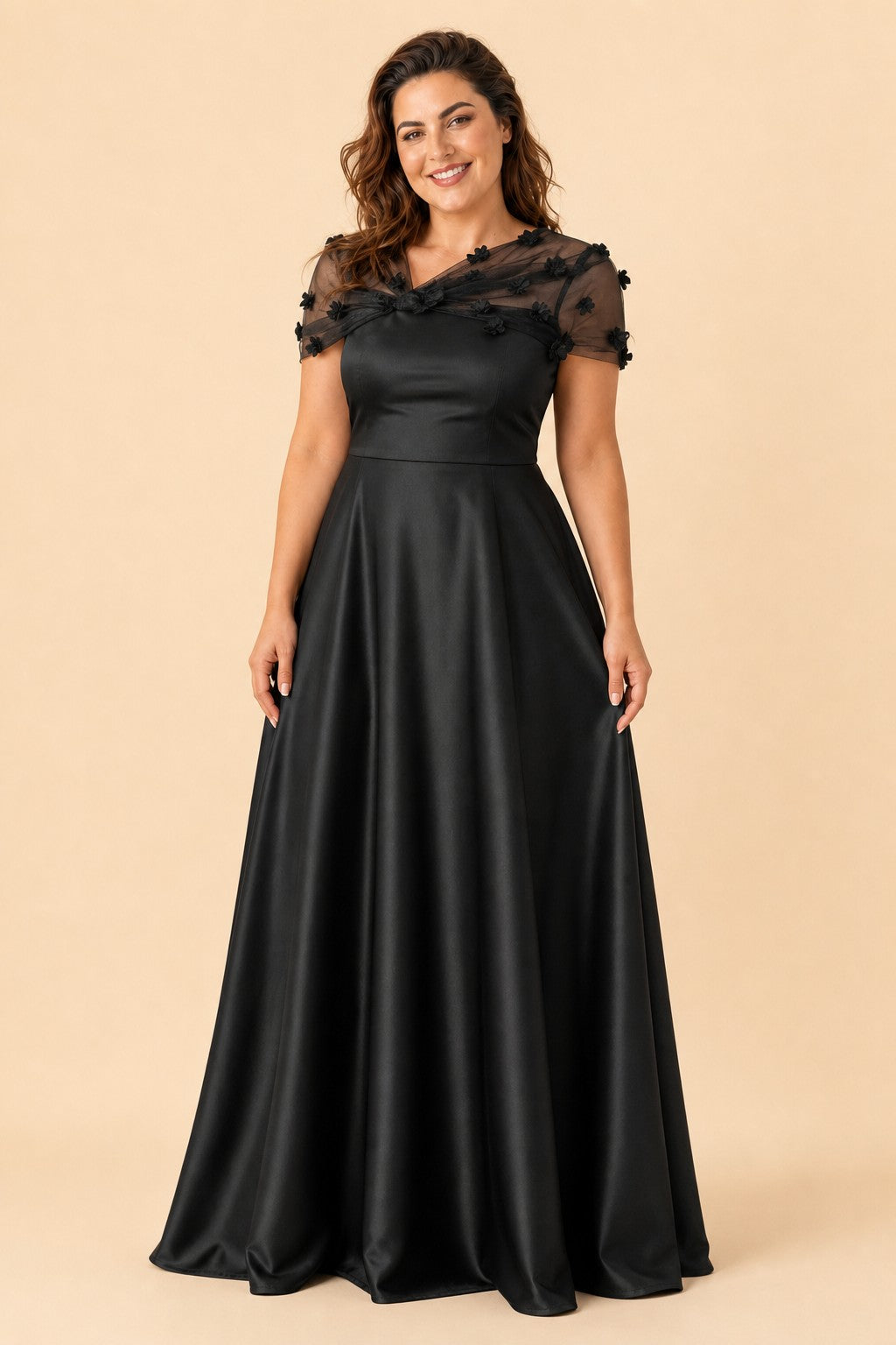 Plus Size Backless A-Line Formal Gown with Floral Appliqué and Satin Skirt