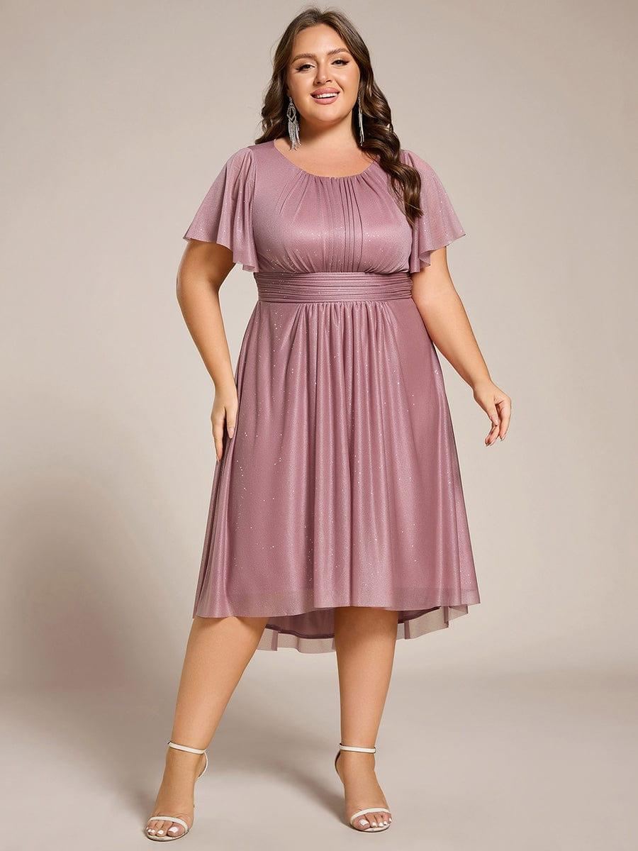 Plus Size Sequin Round Neck Asymmetrical Midi Wedding Guest Dress