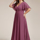 Plus Size Floral Applique Short Sleeve A-Line Chiffon Formal Evening Dress