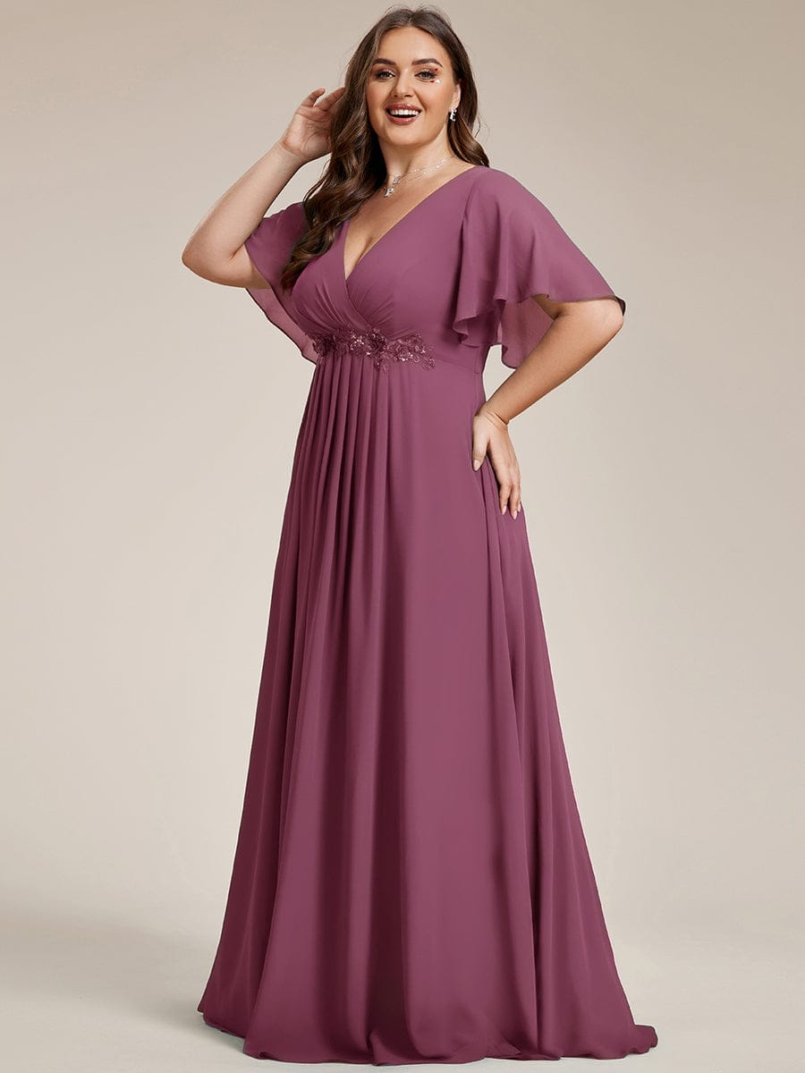 Plus Size Floral Applique Short Sleeve A-Line Chiffon Formal Evening Dress