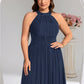 Plus Size Glittery Halter Neck Pleated Formal Evening Dress