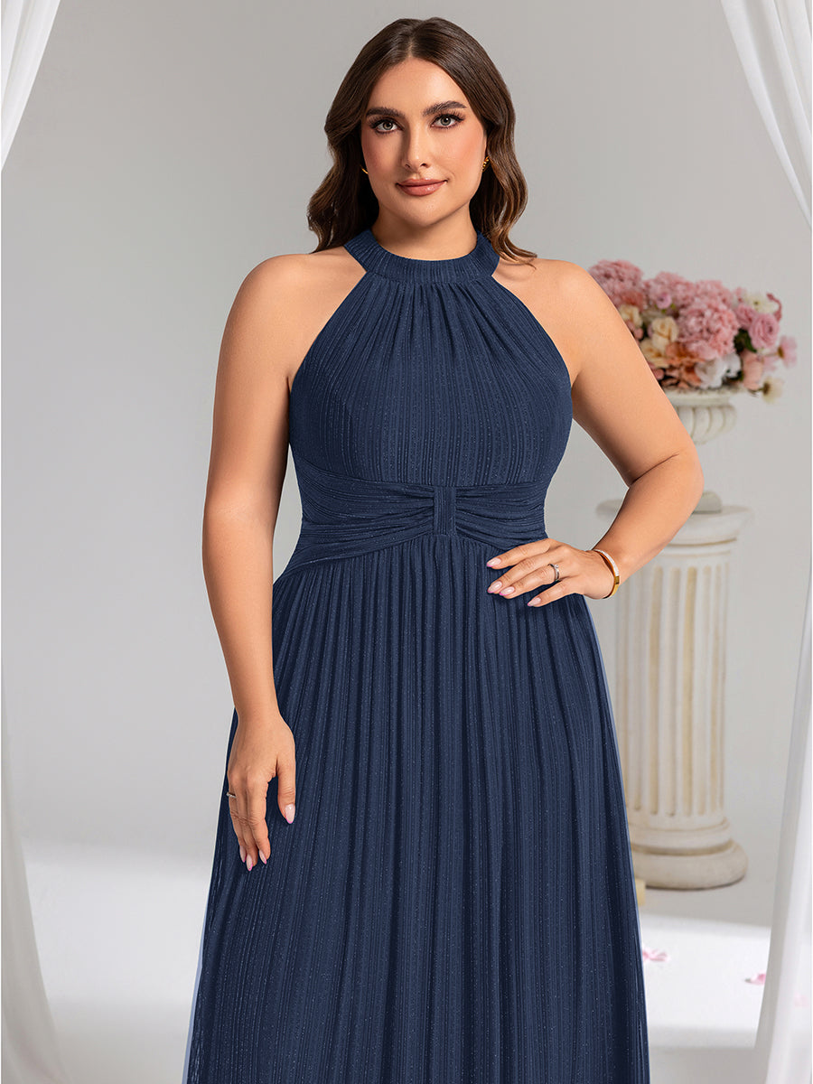 Plus Size Glittery Halter Neck Pleated Formal Evening Dress