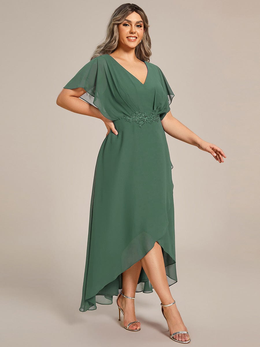 Plus Size V-Neck Chiffon Bat-Wing Sleeve A-Line Waist Applique Formal Dress