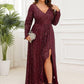 Plus Size Sequin V-Neck Long Sleeve High Slit Bodycon Evening Dress