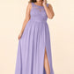 Plus Size Lace Bridesmaid Dress with Slit and Pockets Elegant A-Line Chiffon Open Back Formal Gown