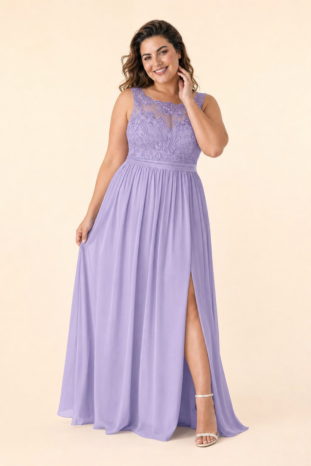 Plus Size Lace Bridesmaid Dress with Slit and Pockets Elegant A-Line Chiffon Open Back Formal Gown