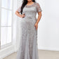 Floral Sequin Print Plus Size Mermaid Tulle Evening Dress