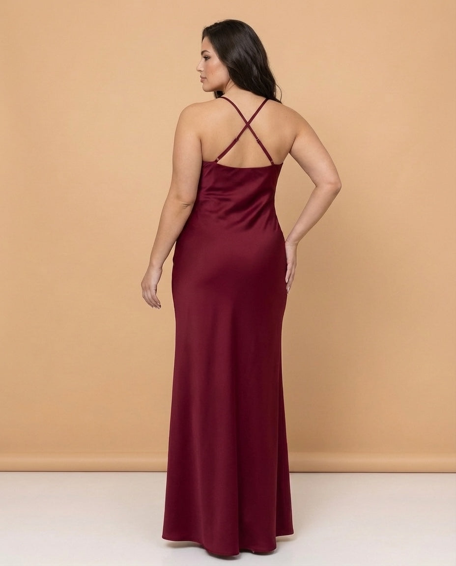 Silvarelle Romantic Sheath Stretch Satin Plus Size Bridesmaid Dress with V-Neck for Weddings - N0361