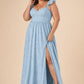 Plus Size A-Line Bridesmaid Dress with Floral Burnout Fabric Ruched Bodice and Slit Detail