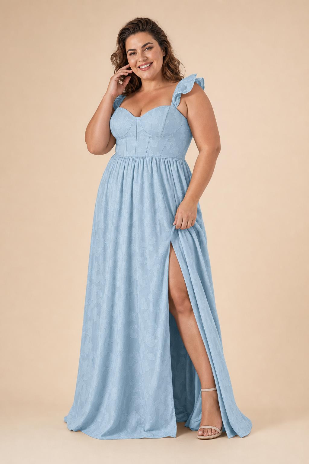 Plus Size A-Line Bridesmaid Dress with Floral Burnout Fabric Ruched Bodice and Slit Detail