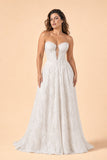 Romantic Strapless Basque Waist A Line Lace Wedding Gown with Lace Up Back for Curvy Brides