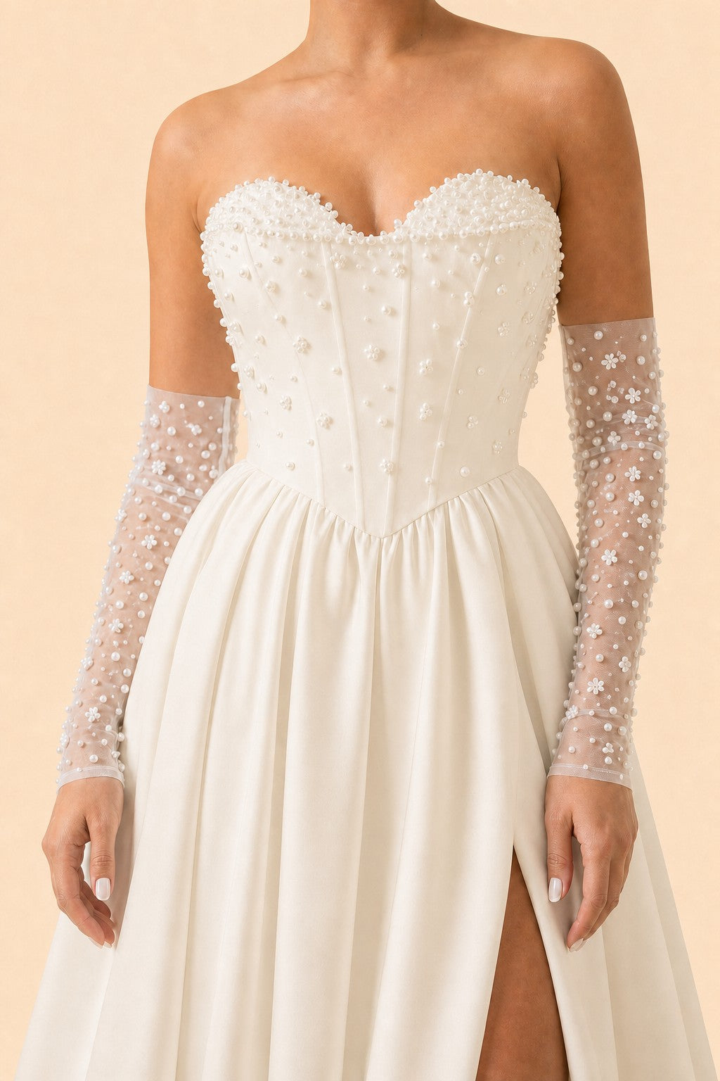 Strapless A-Line Wedding Dress with Basque Waist Beading Slit Open Back for Plus Size Brides