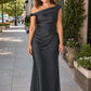 Floor Length Stretch Satin Bridesmaid Gown with Asymmetrical Neckline