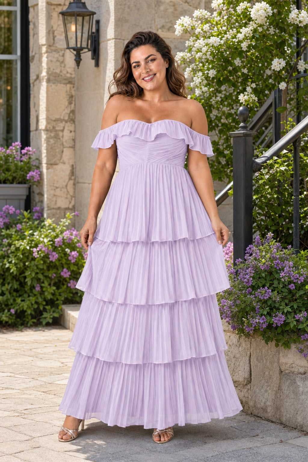 Elegant A Line Maxi Bridesmaid Dress Pleated Tiered Off Shoulder Design