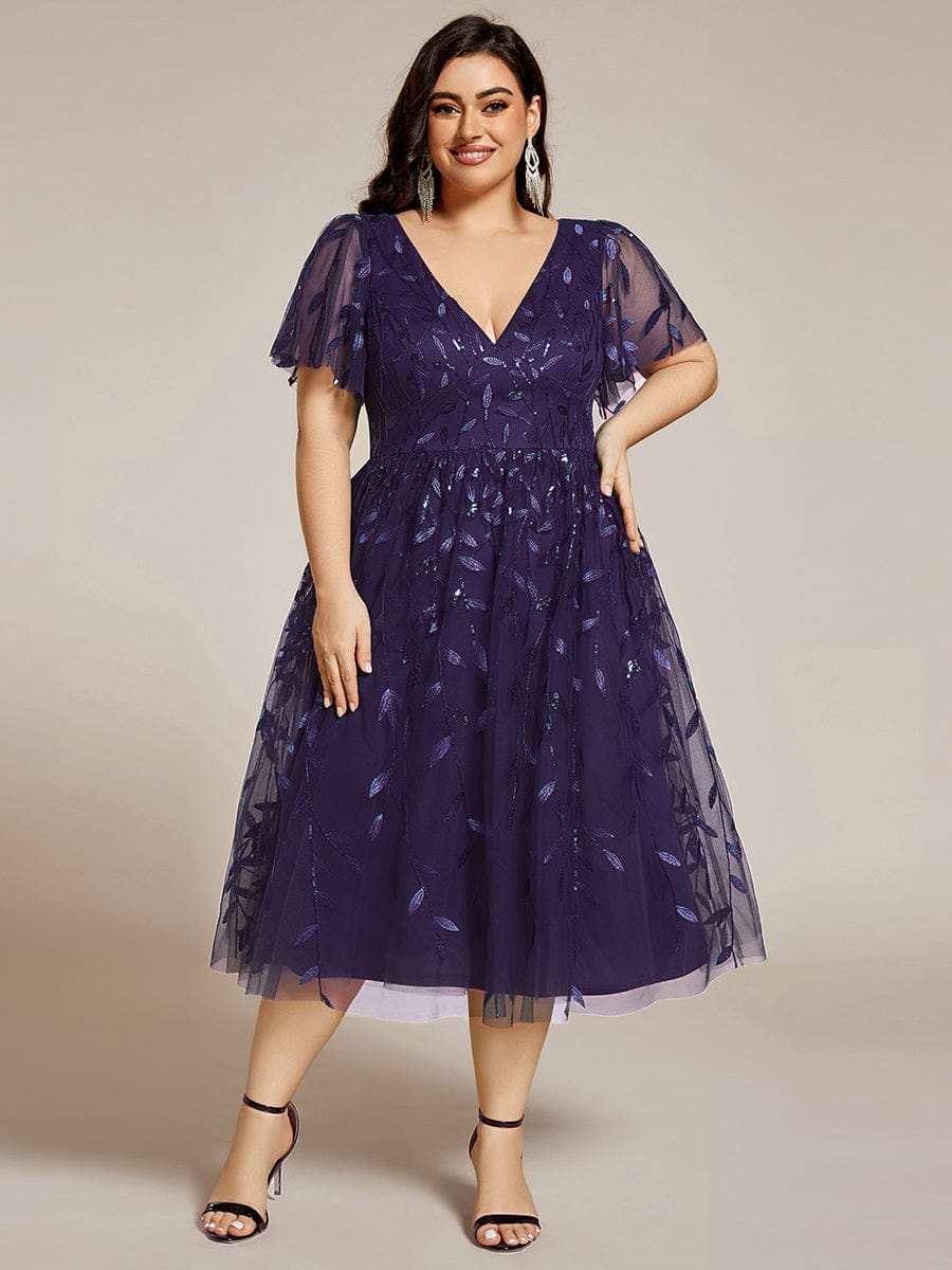 Plus Size Sparkly A-Line Midi Tulle Formal Wedding Guest Dress with Leaf Sequin