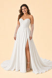 Strapless A-Line Wedding Dress with Basque Waist Beading Slit Open Back for Plus Size Brides