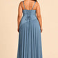 Plus Size Bridesmaid Dress with Pleated Satin and Lace Up Open Back