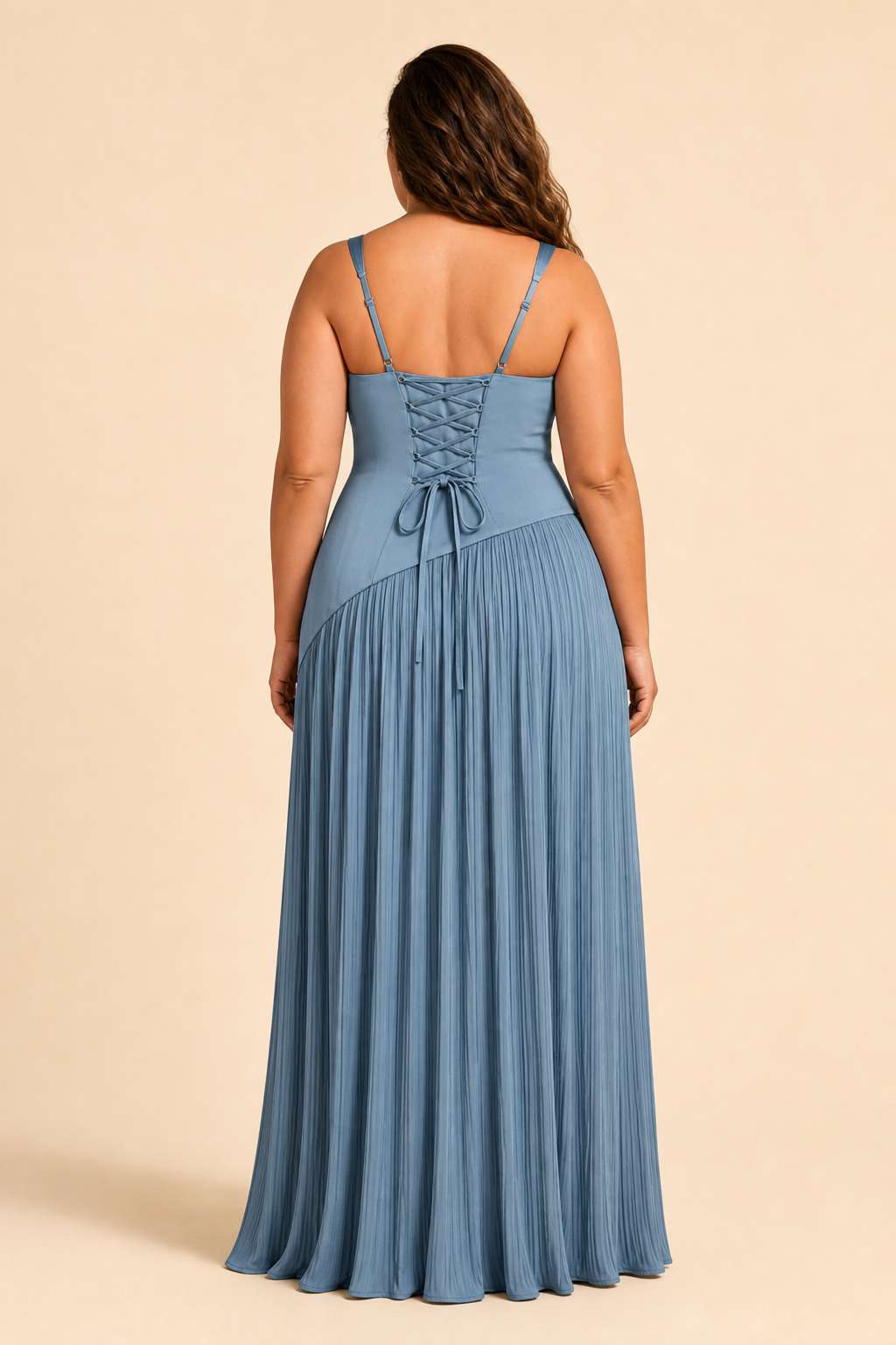 Plus Size Bridesmaid Dress with Pleated Satin and Lace Up Open Back