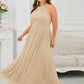 Plus Size Glittery Halter Neck Pleated Formal Evening Dress