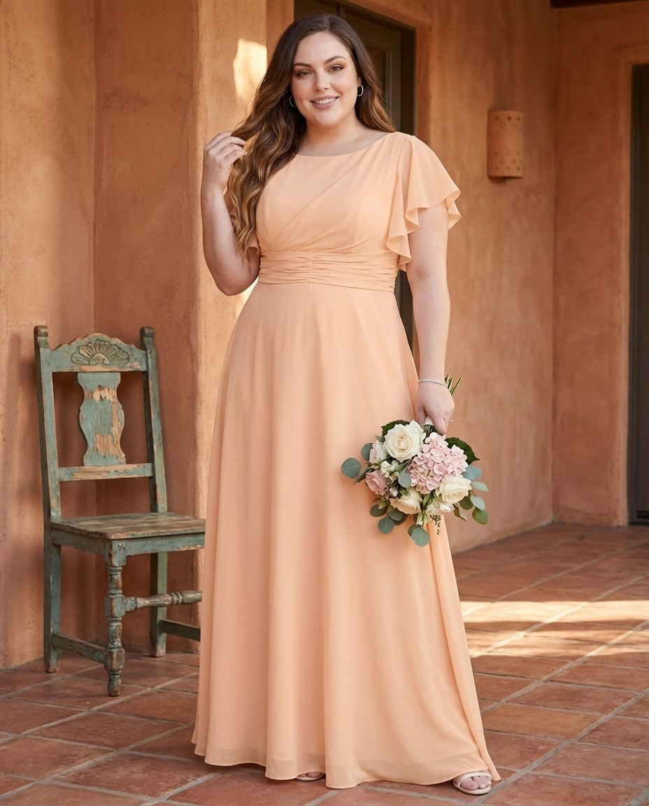 Avenleigh Plus Size Half Sleeve Pleated Chiffon A-Line Bridesmaid Dress for Wedding Party - N0338